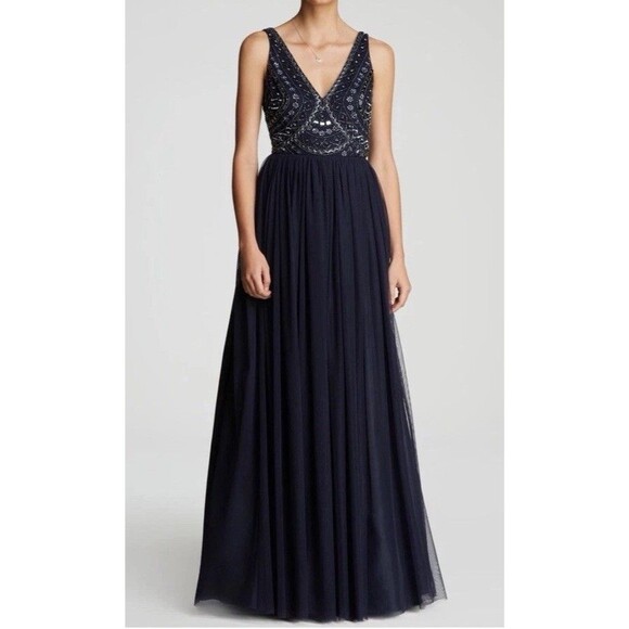 $495 AIDAN MATTOX Navy Embellished Beaded Tulle Formal Dress Gown Size 6 M3020 - Picture 1 of 15